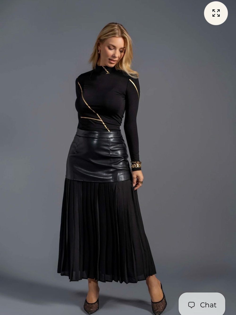 Black Maxi Pleated Skirt with Faux Leather Panel